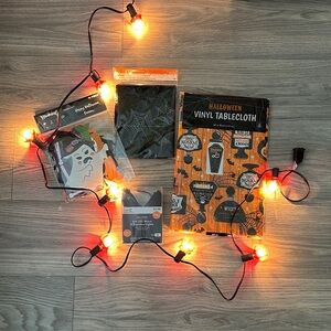 Halloween Party Decor - Bundle of 5 - Lights, LEDs, Banner, Tablecloth, Backdrop